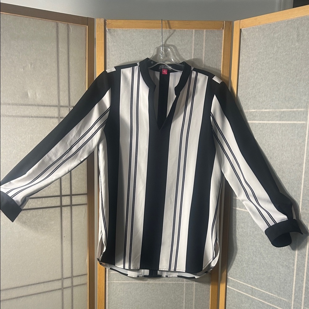 Vince Camuto Black and White Vertical Stripe Tunic Blouse